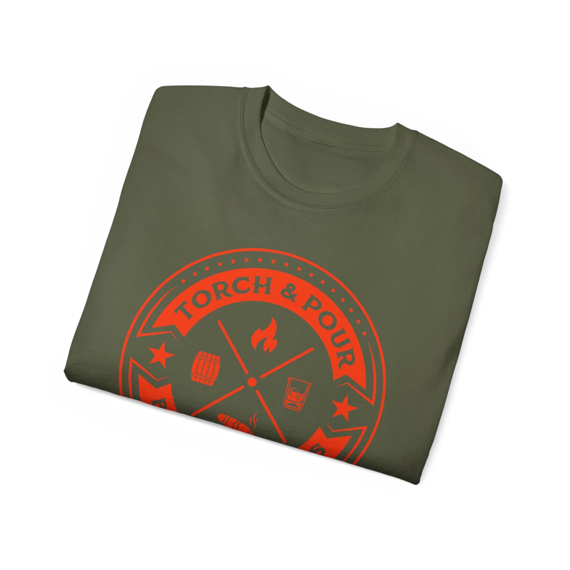 Torch & Pour Single Barrel Ultra Cotton Tee - Orange Logo